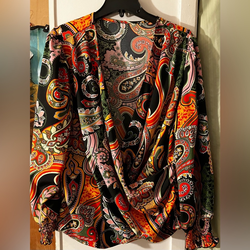 SHEIN Curve Paisley Drape Front Blouse in Black, Red, Orange, Green, Pink